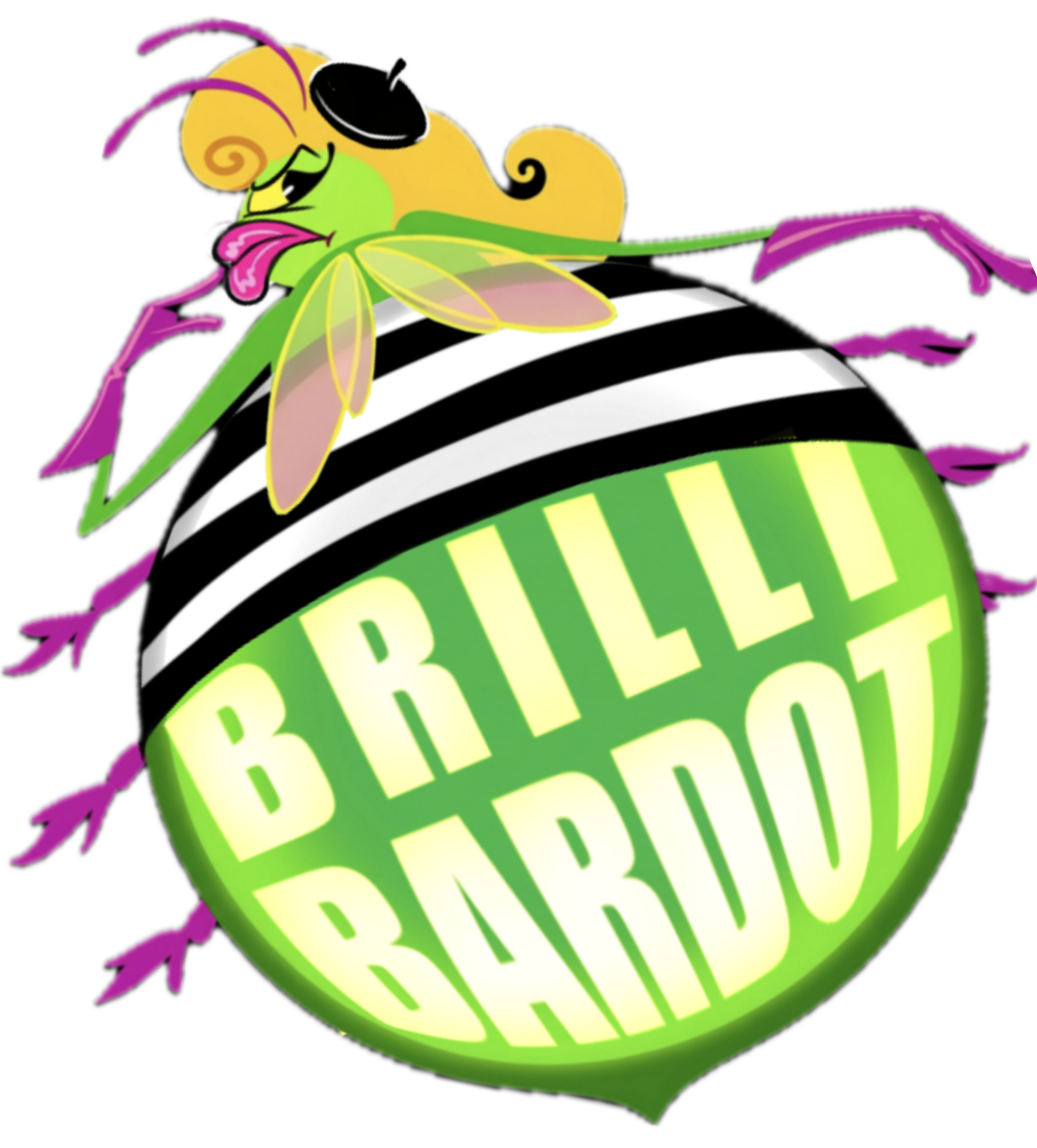 Mascota del podcast Carrera de Arrastre , Un luciérnaga caricaturesca con antenas moradas y rostro alegre, rodeado de texto que dice 'Brilli Bardot' en letras grandes y brillantes, hecho originalmente por el ilustrador Juanjo Cuerda