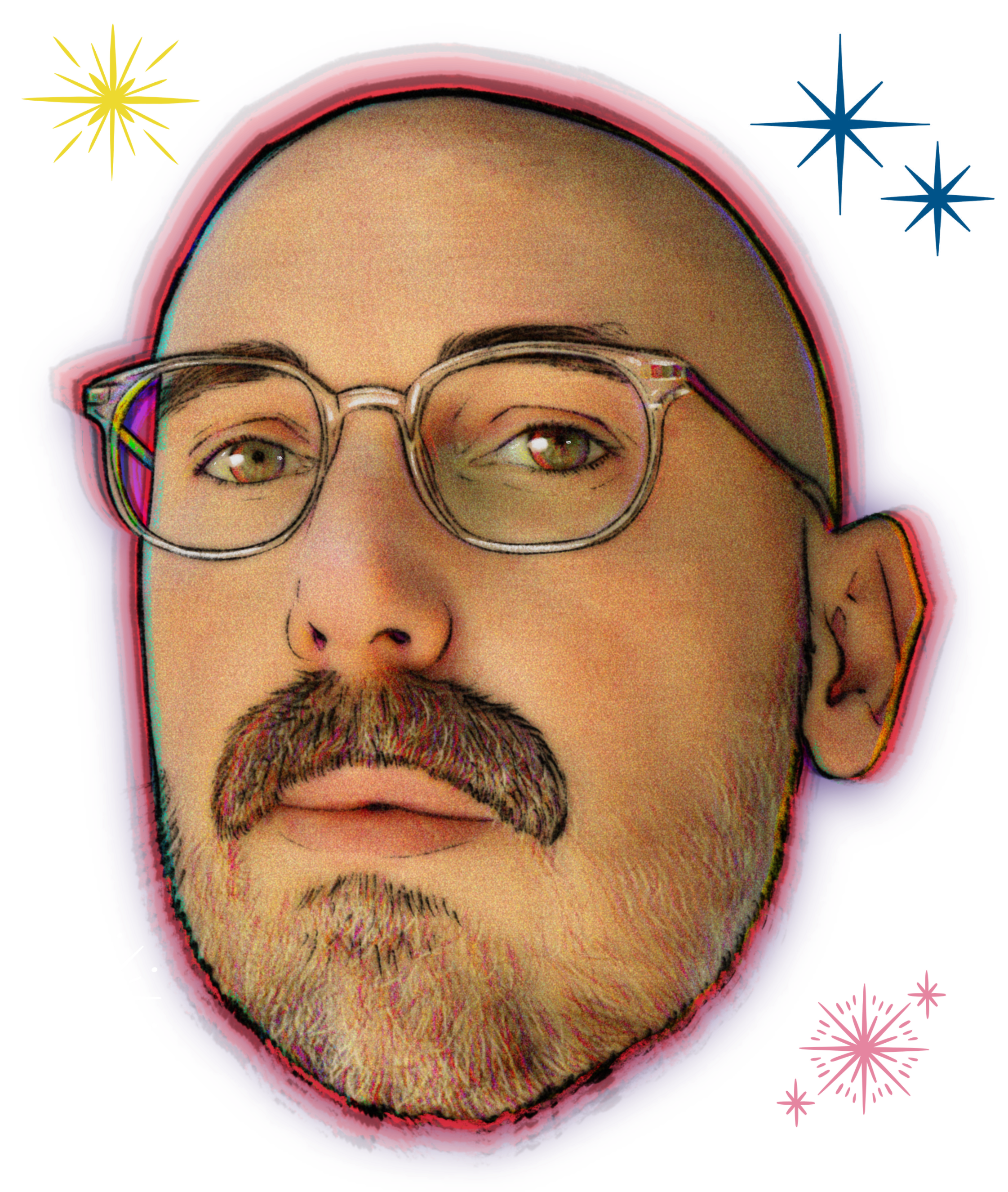 Retrato digital de un hombre con gafas, barba y bigote, con efectos de neón y dibujos de estrellas en el fondo.