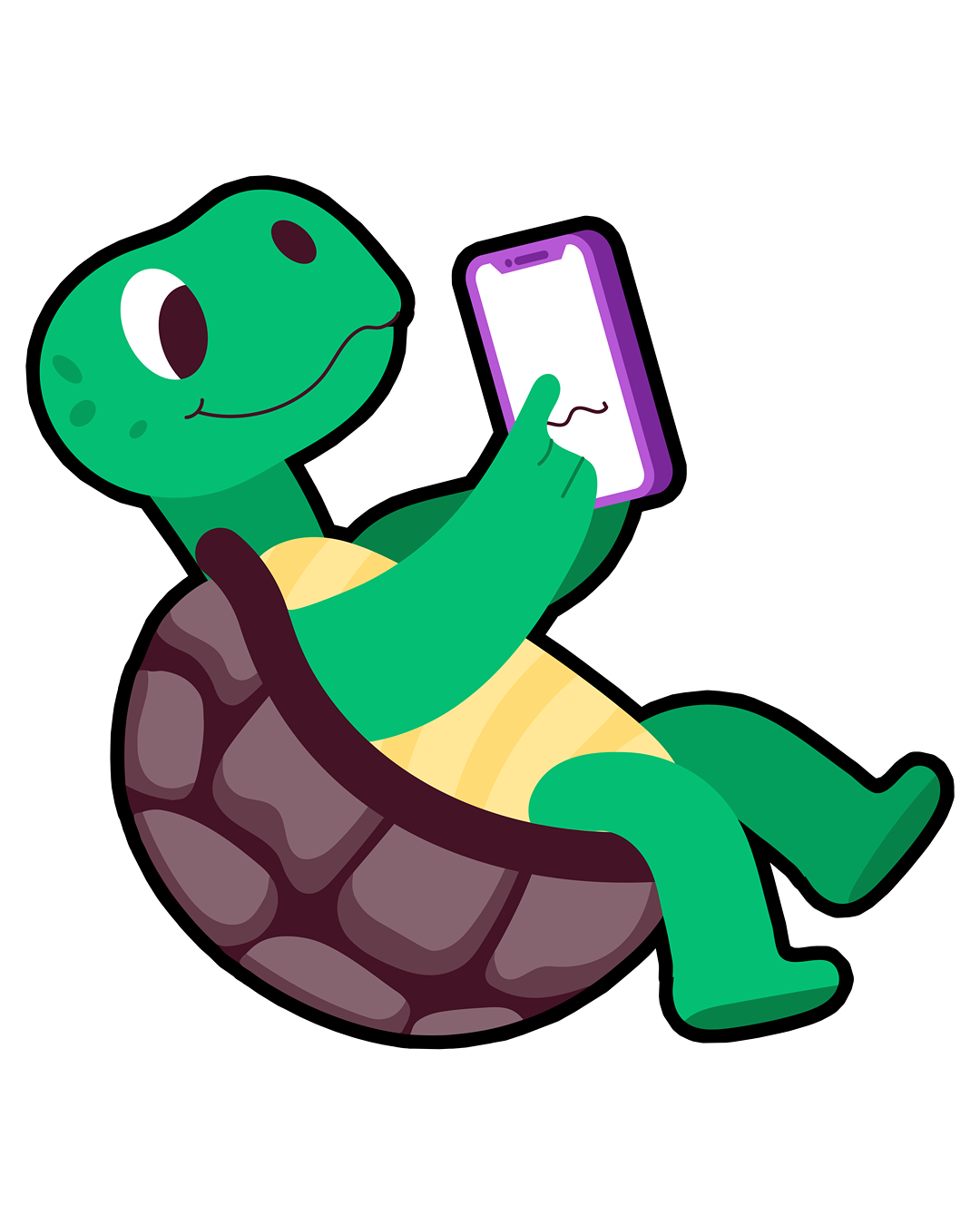 Tortuga legendaria fan de Martin Cirio con cuerpo de niño, usando un teléfono móvil y sentado en una concha de tortuga.