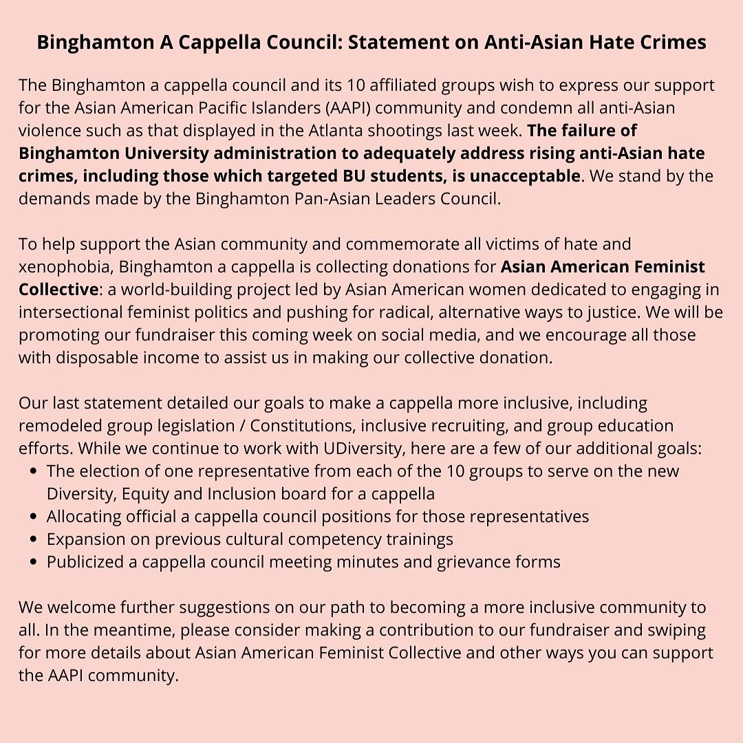 Note to Self stands with the Binghamton Pan-Asian Leaders Council, the Asian American and Pacific Islander community, and the words of the Binghamton A Cappella Council as seen above. We and all of a cappella are raising money for the Asian American 