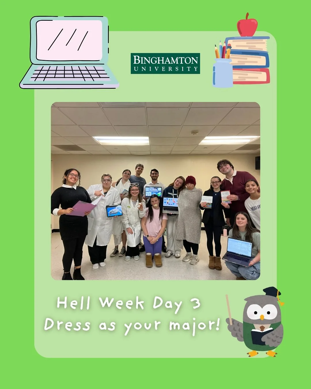 Happy Day 3 of Hell Week, Dress as your major!

- Lucy:  Human development with a minor in theatre
- Abby: Human Development 

- Ben: Psychology 
- Deanna: Psychology and PPL
- Zoe: Philosophy 

- Amber: Global Public Health on the Pre-Health track
-