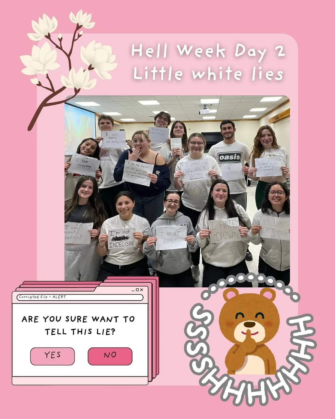 Day 2 Hell Week: little white lies + critiques! Thank you to our lovely critiquers, Nina (@harpurharpeggios ), Chris (@binghamtoncrosbys ), and Elijah (@nsabing ).

Little White Lie Text:
- Jordyn: I am not blonde and don&rsquo;t drive a grey Kia Sou