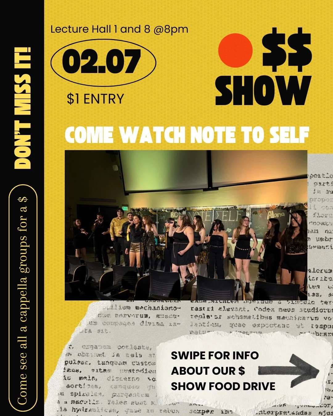 DOLLAR SHOW💵&amp; FOOD DRIVE🥫

Come watch Note to Self at dollar show! 
February 7th, 2026 at 8pm

Don&rsquo;t forget to bring non-perishable food items and help your favorite groups compete against each other to win a prize‼️