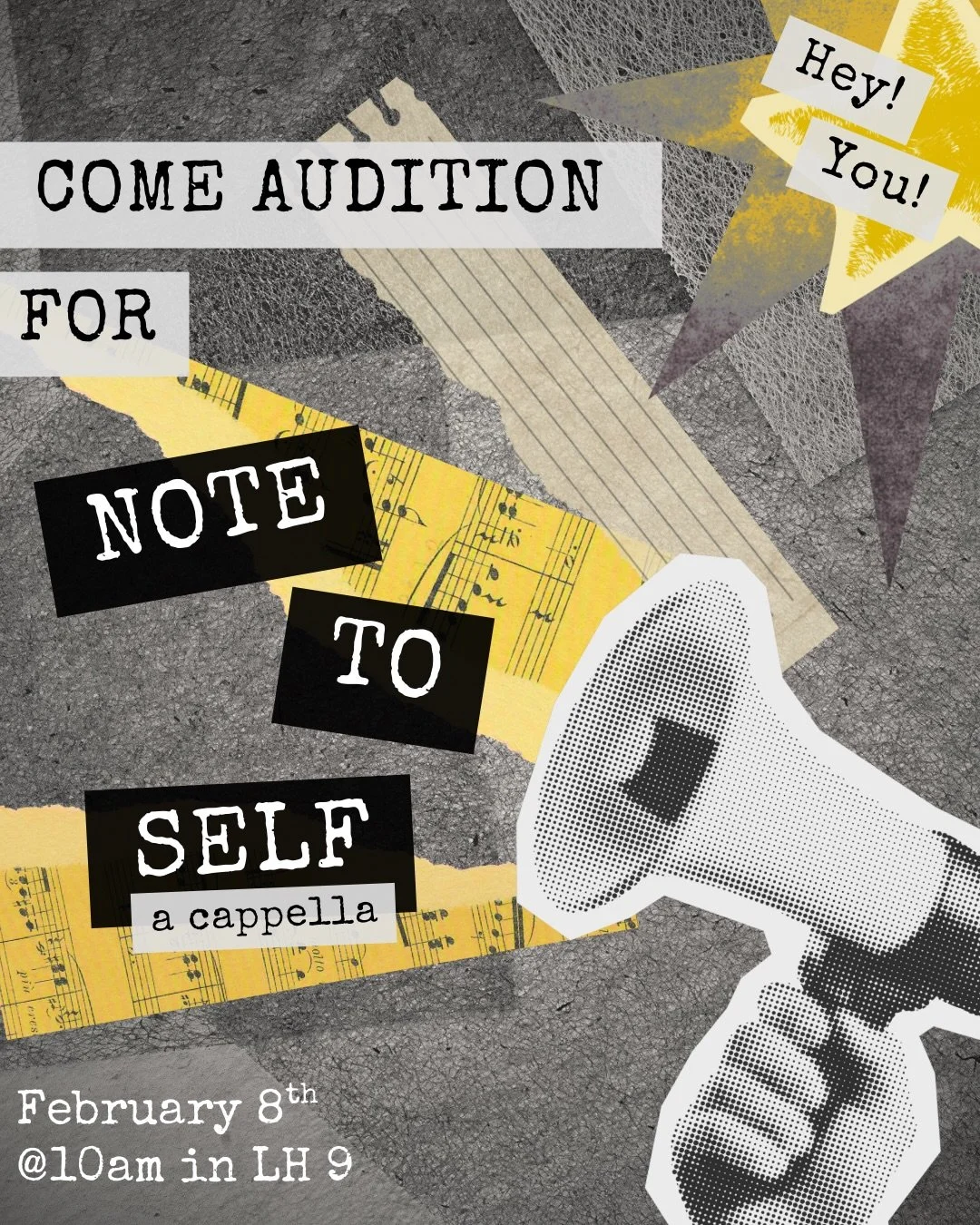 Note to Self AUDITIONS??

Love community service? Love singing? Come audition for us!! This Saturday. February 8th. 

Slide to the end to read audition advice from our graduating seniors💛🖤