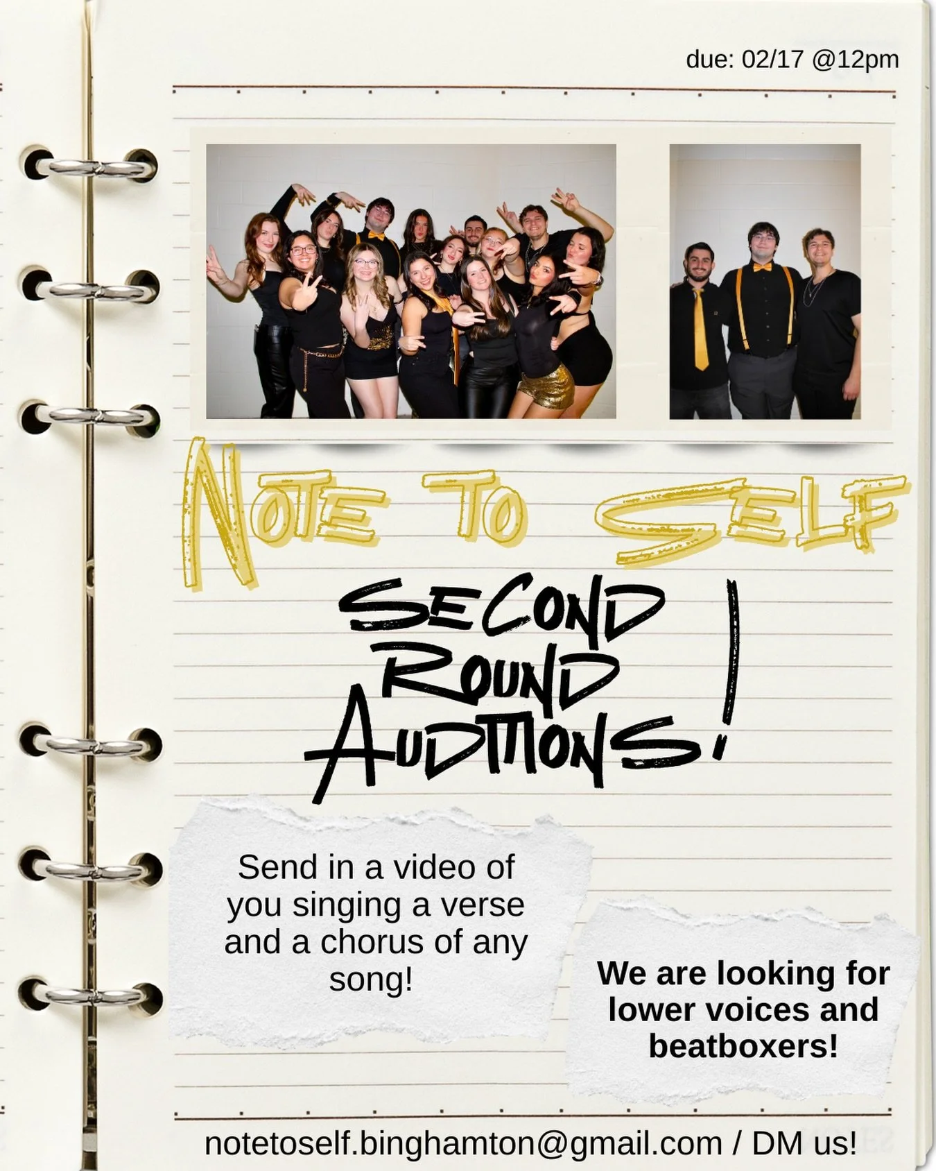 Missed our first round of auditions⁉️ Was it too cold to walk to the lecture hall? Were you sick? Too tired? Well, you are in luck‼️ Note to Self is holding second round auditions!! HUZZAH! 

Send in a video of you singing a verse and chorus of any s