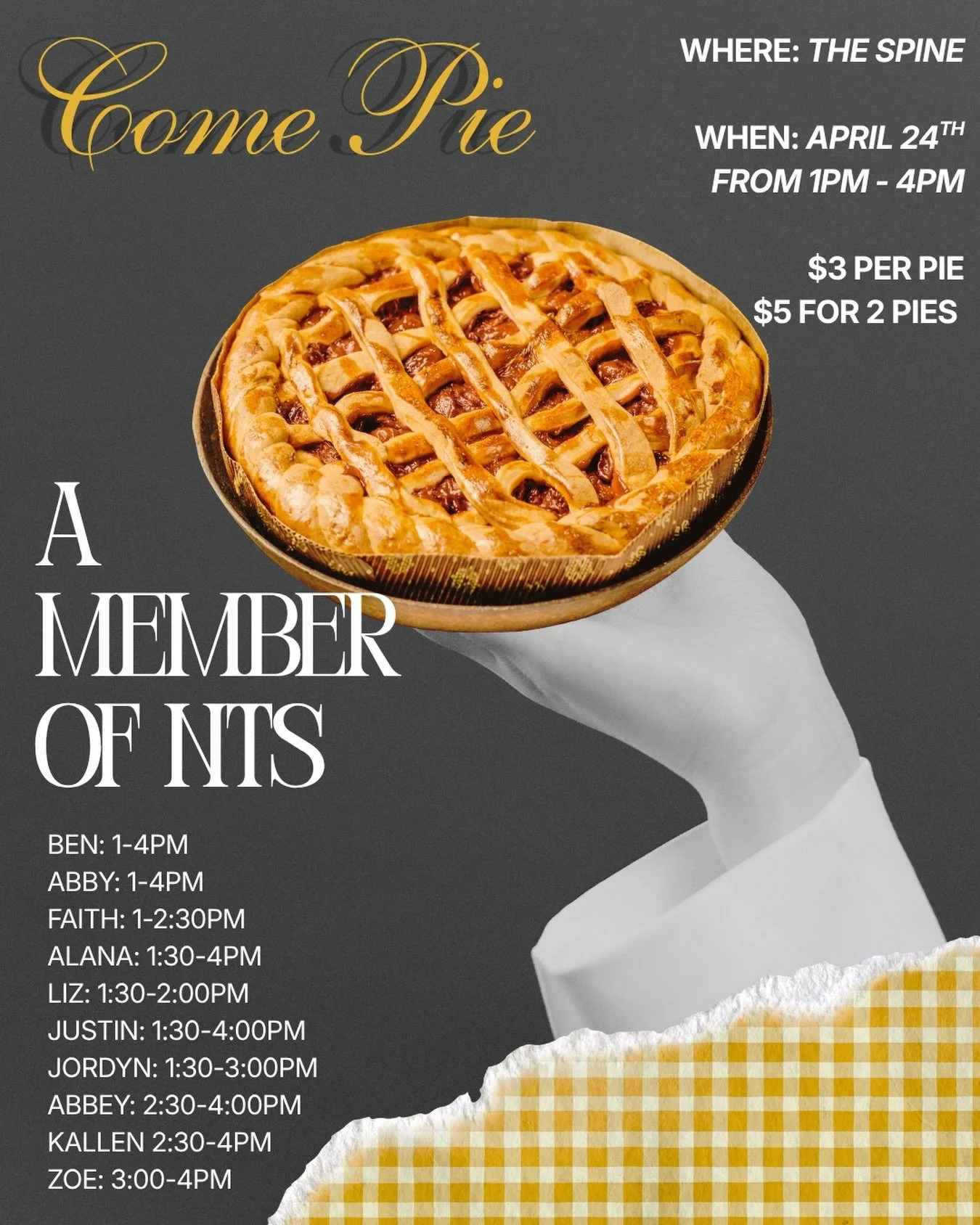 Sick of our semester show promos (rude)?? Well you&rsquo;re in luck! We are doing a fundraiser✌️

TOMORROW come and pie a member of Note to Self.💛

Where: The Spine
When: April 24th from 1pm-4pm
Cost: $3 per pie, $5 for 2 pies