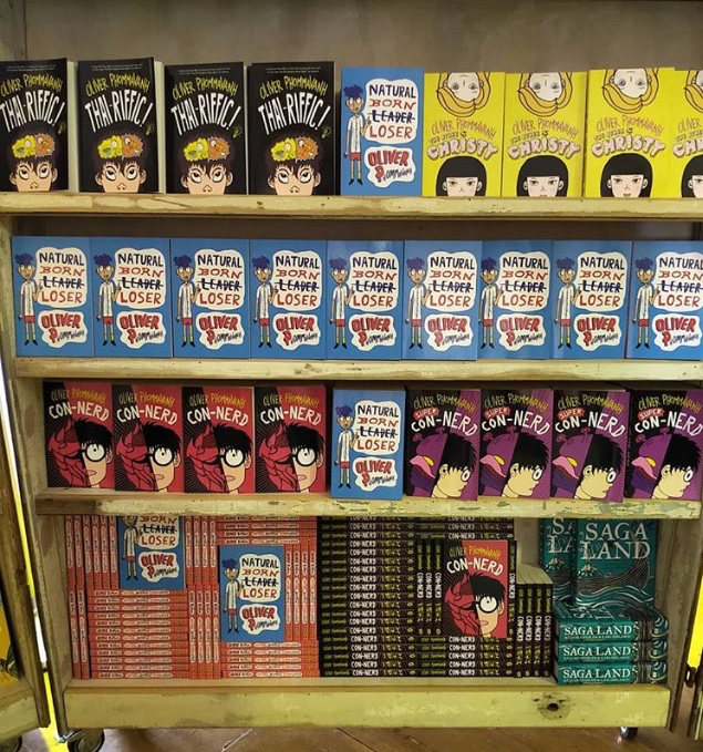 Oliver’s books on display at Byron Writers’ Festival, 2018