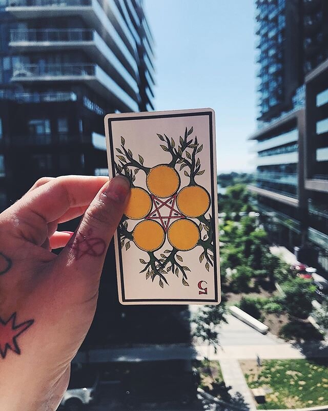 Pulled this card this morning, and at the time I wasn&rsquo;t too sure what the hell it meant, but I think now I do. As we all know, fives are all about conflict; Pentacles are all dat material and bodily stability. Today I experienced an unpleasant 