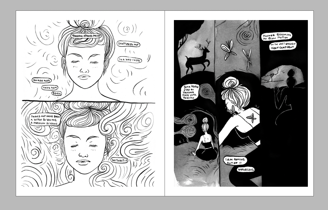 Computer layout pages - process images from the graphic novel Bodymagic by Sabrina Scott life coach tarot reader