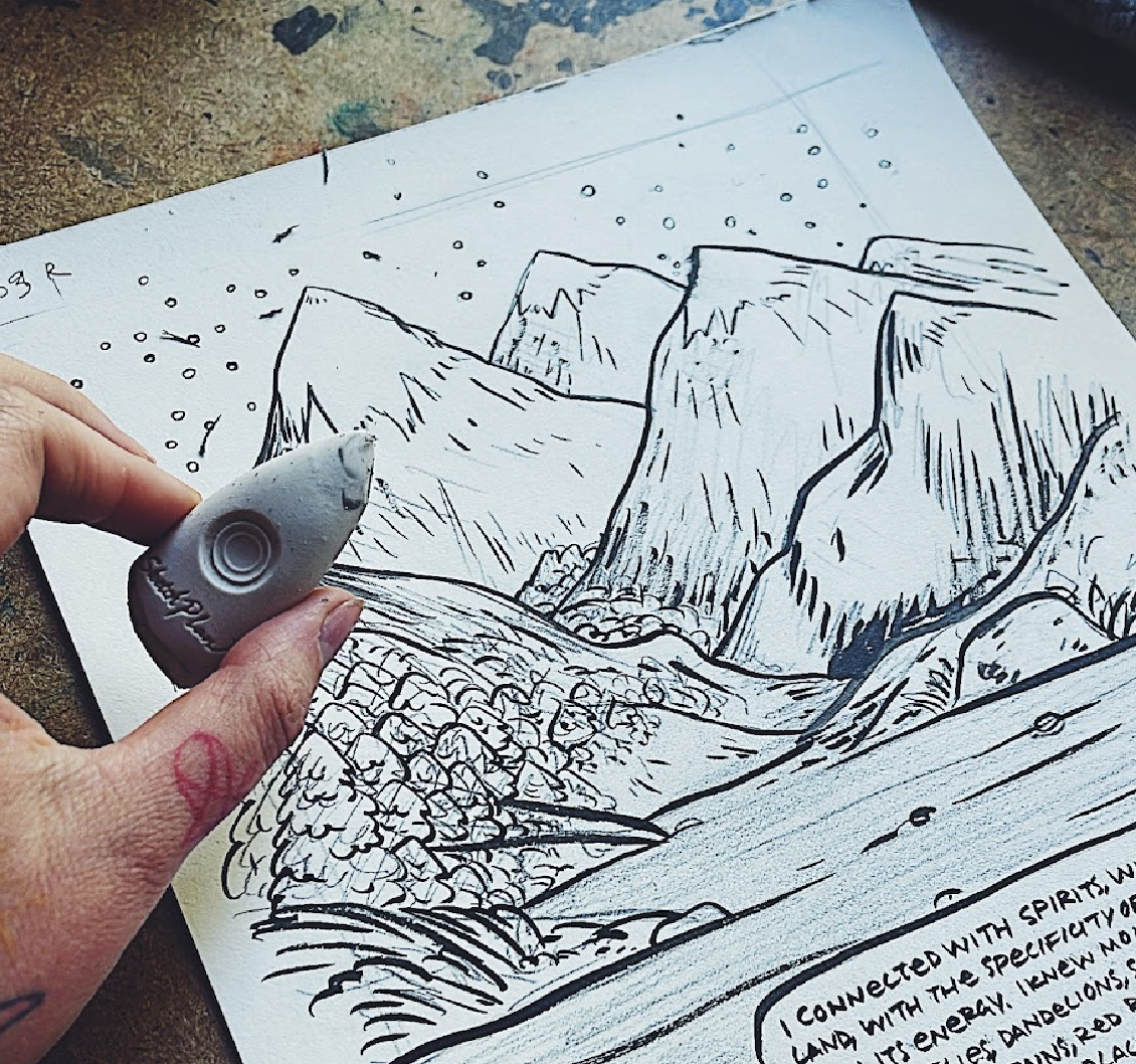 First stages of brush inking on a page from the graphic novel Bodymagic by world renowned spiritual teacher Sabrina Scott