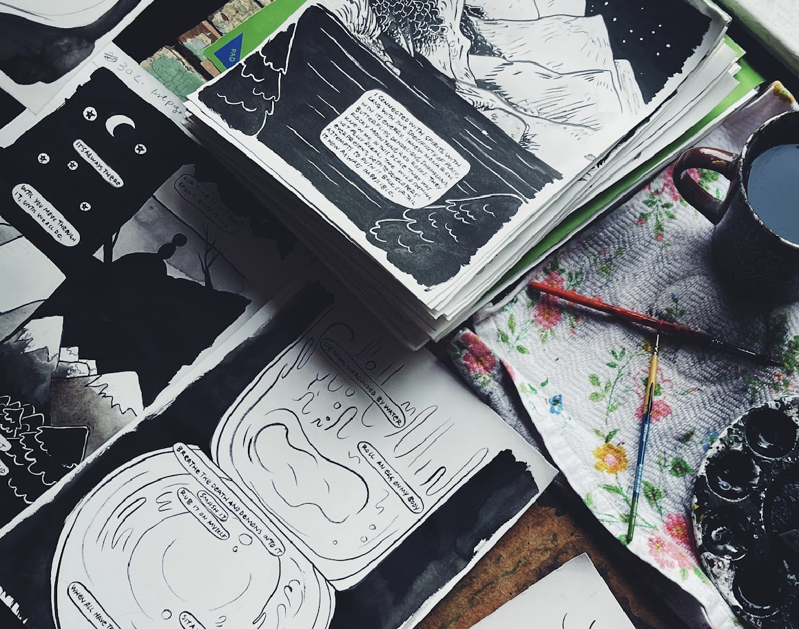 First stages of brush inking on a page from the graphic novel Bodymagic by world renowned spiritual teacher Sabrina Scott