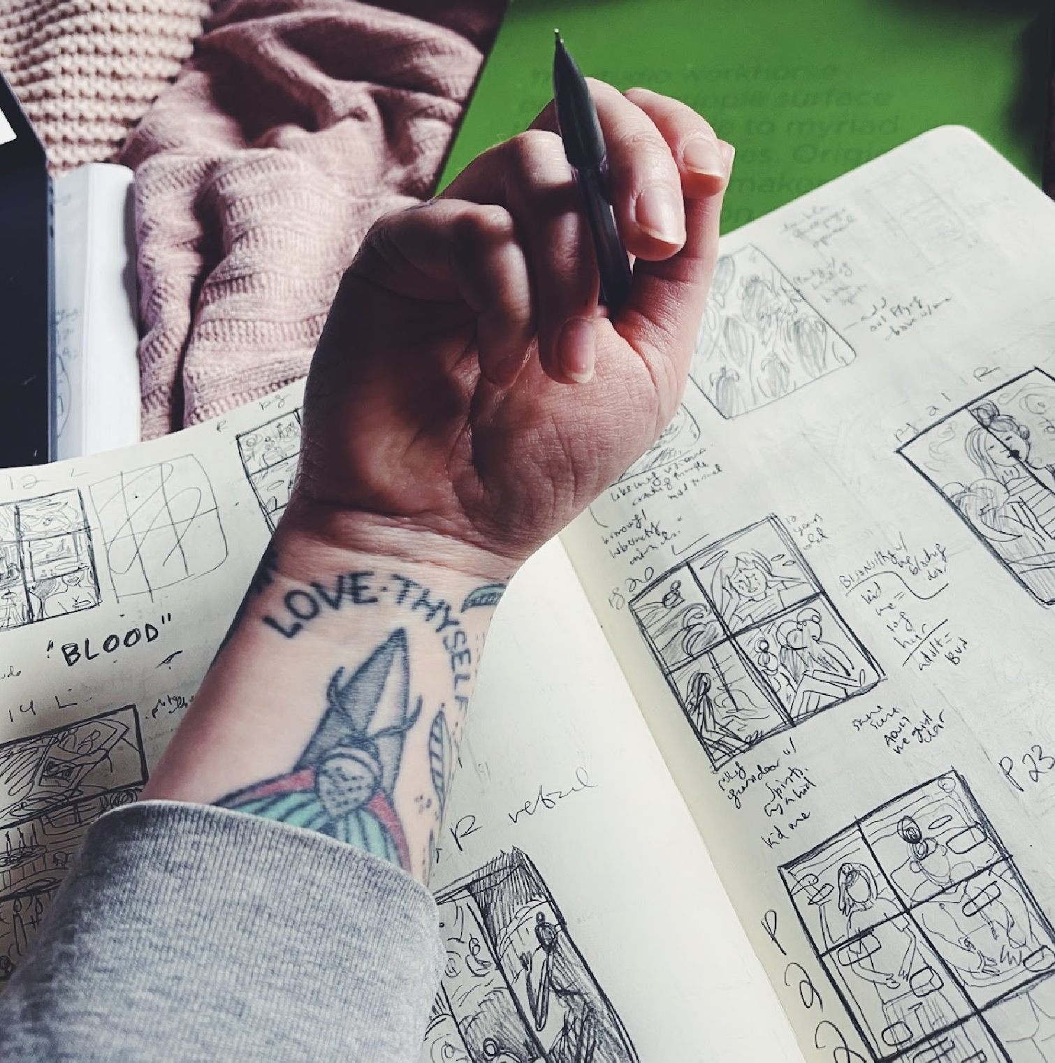 Sketchbook process for the graphic novel Bodymagic by artist, life coach, and tarot reader Sabrina Scott