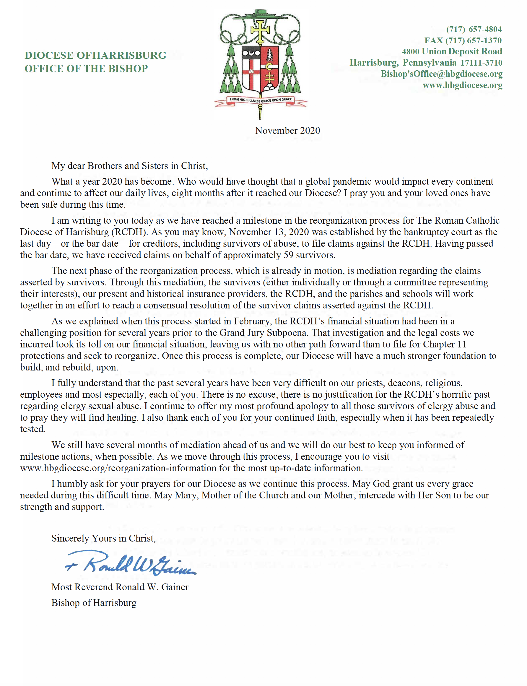 Please read this important letter from Bishop Gainer