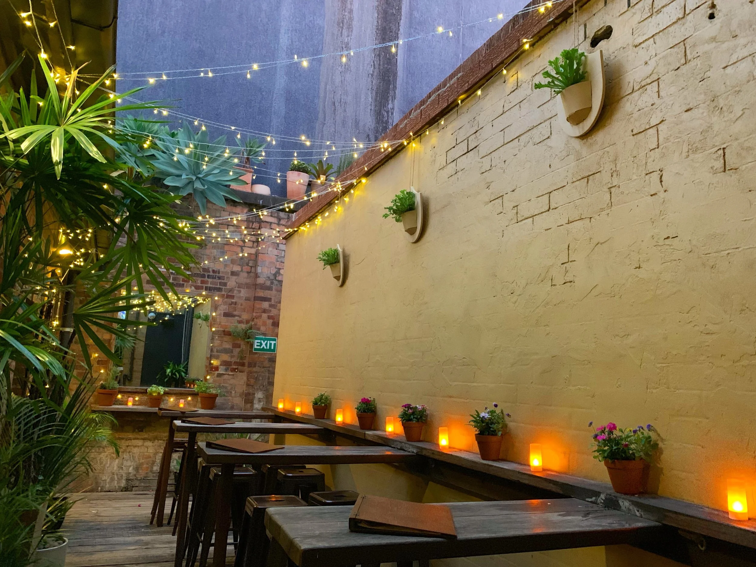 The cosy bar courtyard at Proud Henry in Fortitude Valley with fairy lights, candles, plants and exposed brick walls