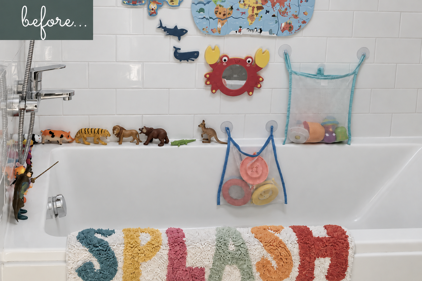 White bath and tiles with colourful toys and a colourful bathmat