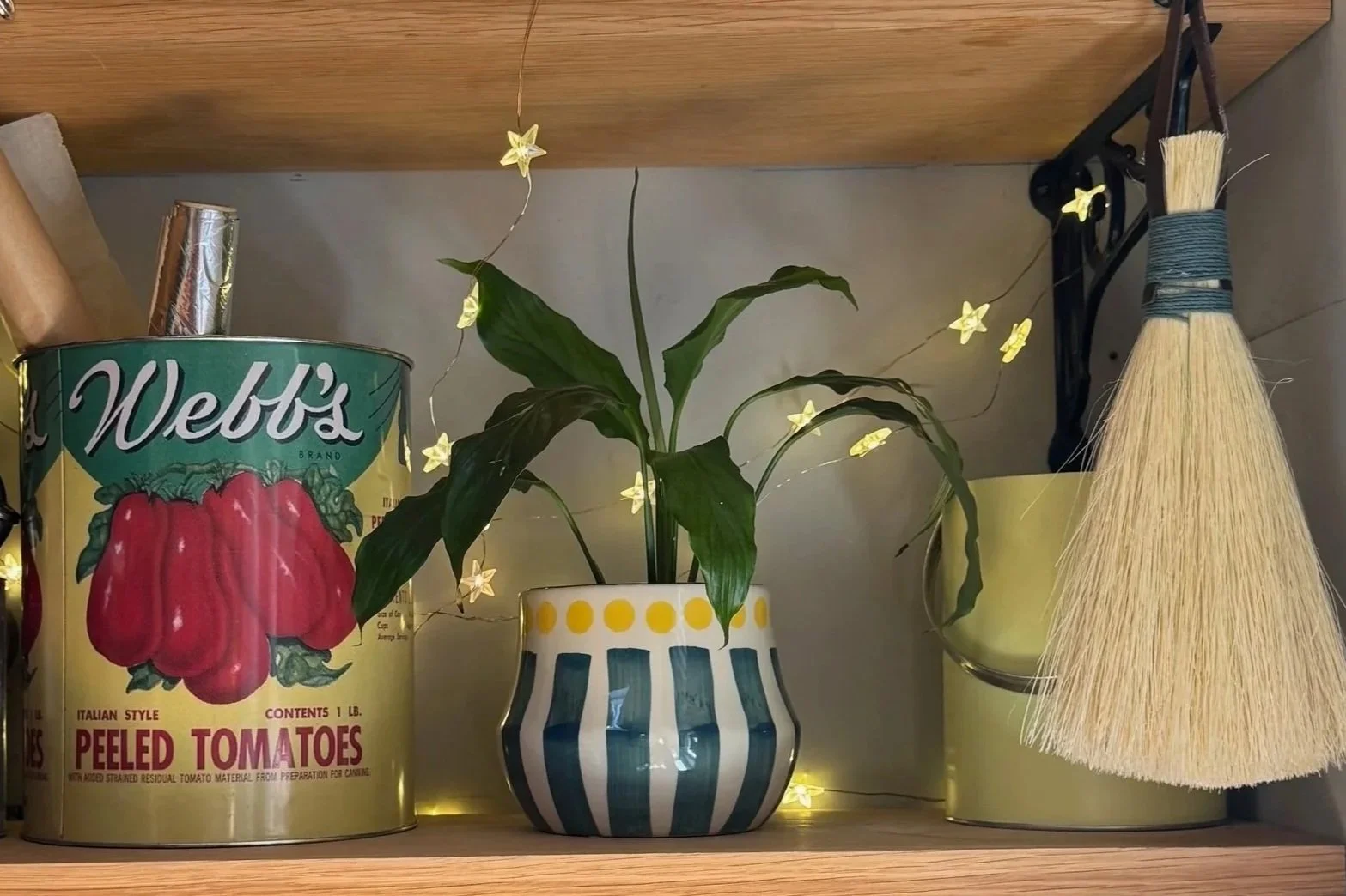 Shelf with fairy lights, brush, house plant and metal decorative tin
