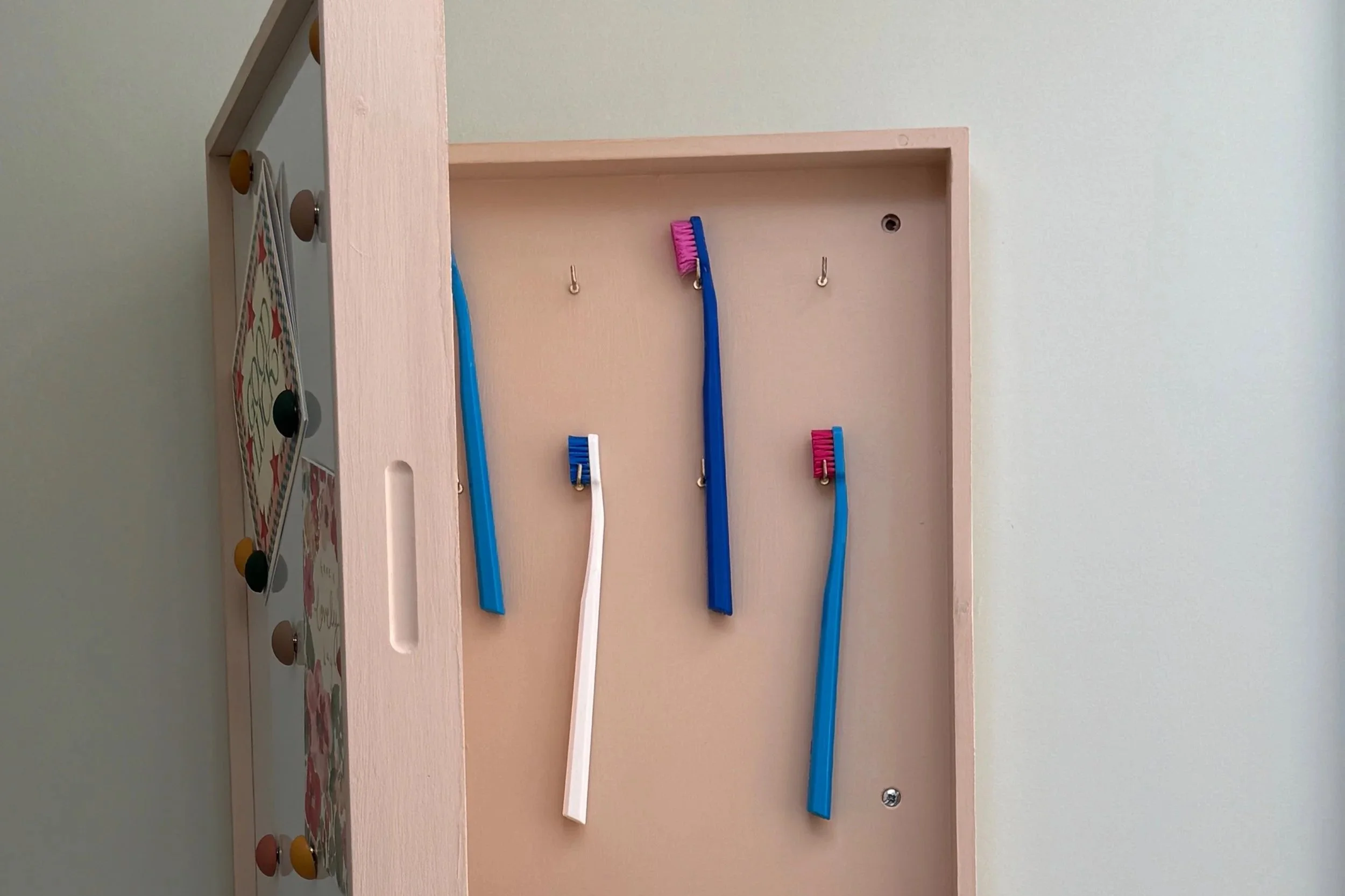 Small pink cupboard door open with toothbrushes hanging inside