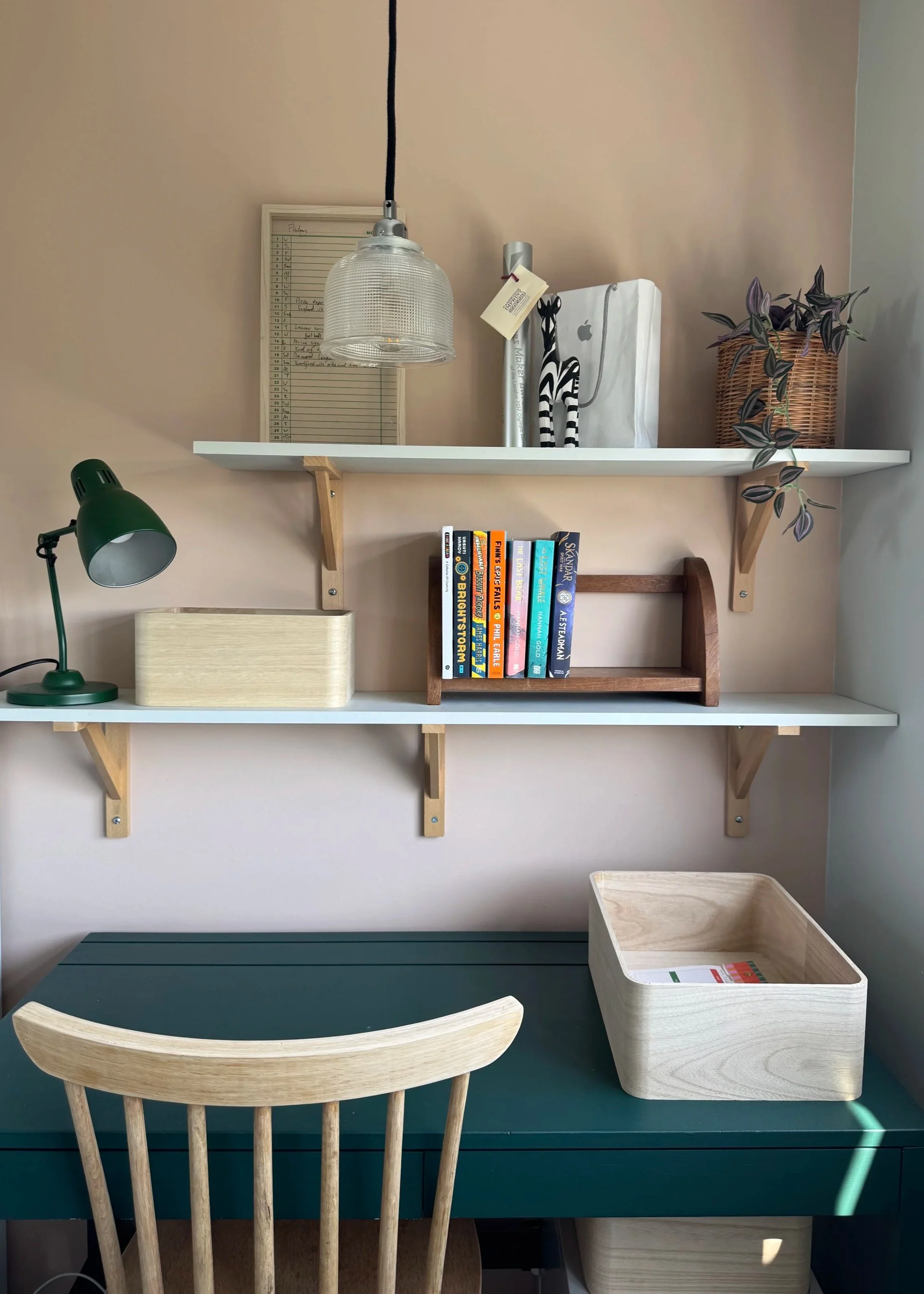 Dark green desk, pale wood chair and two shelves with a light, books and plants