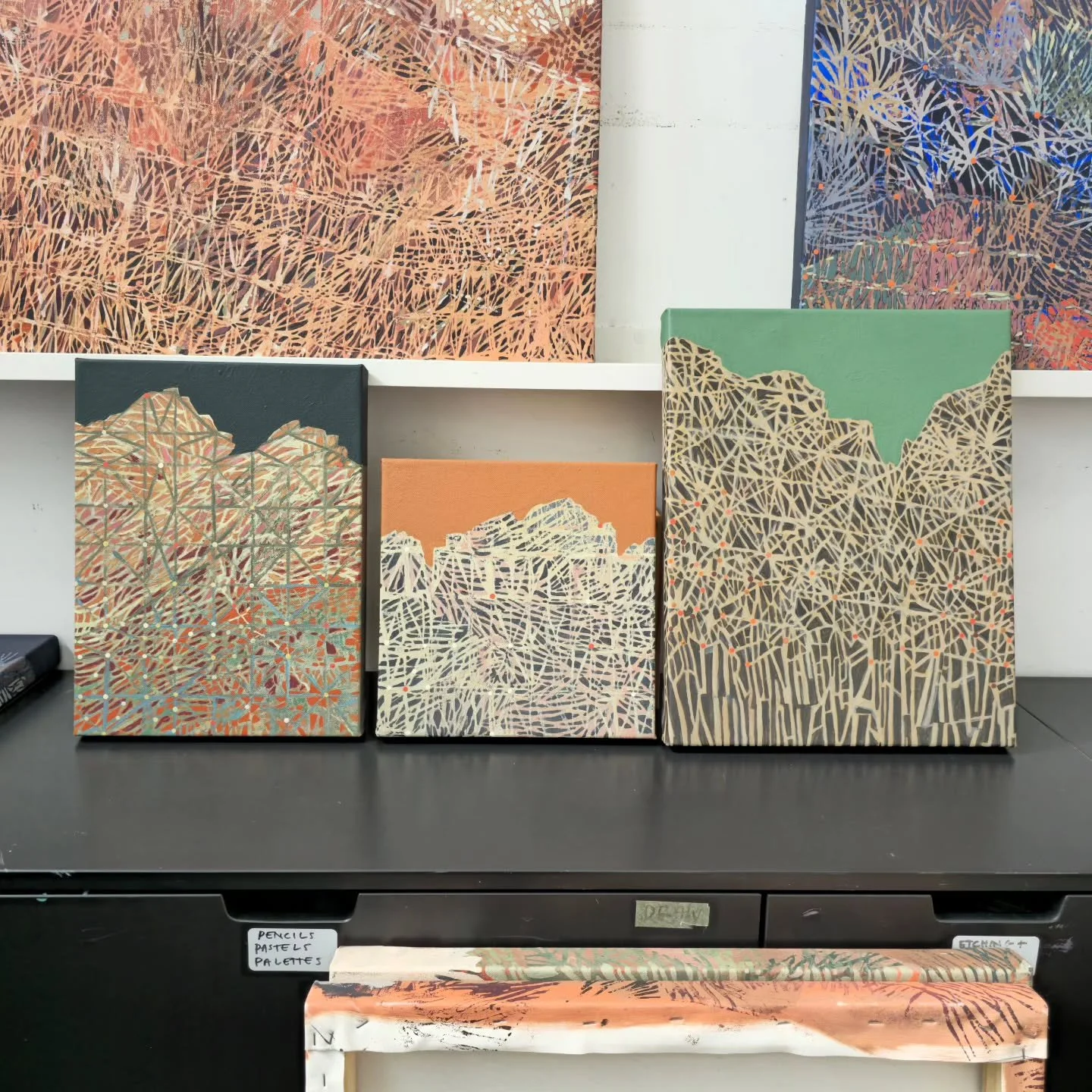 These three smaller works are being framed today. I will be dropping them into @boomgallery next week to be part of the stockroom.

Send me a DM me if any spark your interest✨️

#smallpaintings #intricateartwork