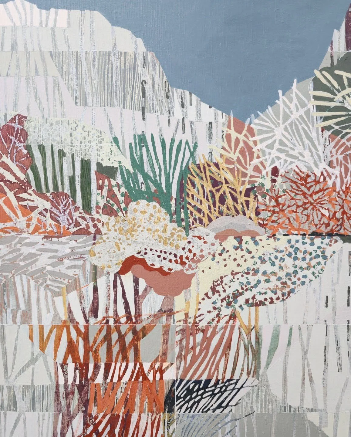 My new works in progress are an amalgamation of mountain-scapes and imagined ecosystems. Textile inspired elements are also present. 

I'll post a few more works soon. ✌🏼

#closeup #paintingdetail