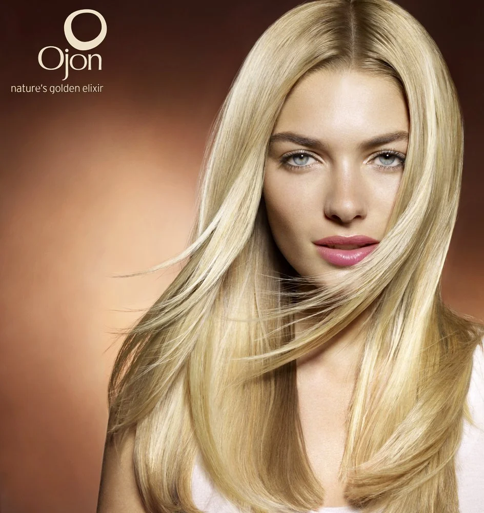 Blonde shinning hair products by Ojon featuring beautiful and shiney hair
