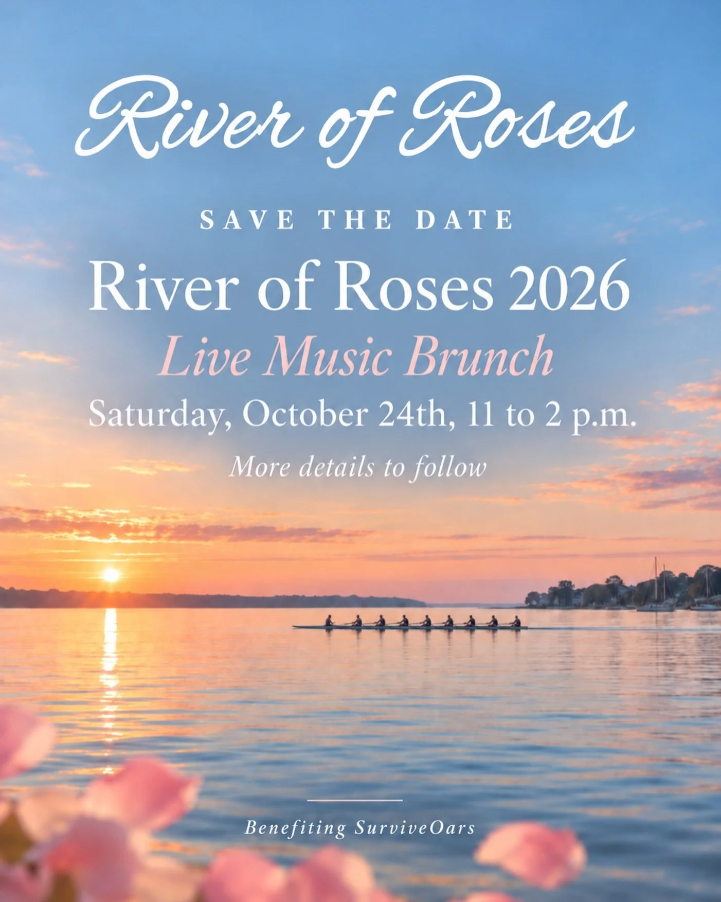 Save the date! 🌸 River of Roses returns Saturday, October 24th for our Live Music Brunch benefiting SurviveOars.

We&rsquo;re so thrilled to welcome back the incredible @baddogbuddyband for live music once again, along with delicious raw bar complim