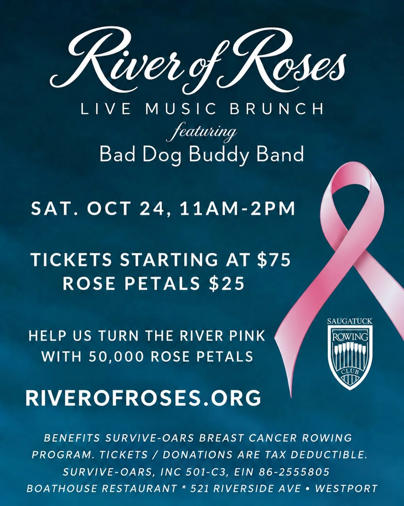 Come celebrate with us and help turn the river pink! 🌸

Join us for the River of Roses Live Music Brunch at Saugatuck Rowing Club &mdash; an afternoon of live music, delicious food, friends and community, all in support of Survive-OARS, our breast c