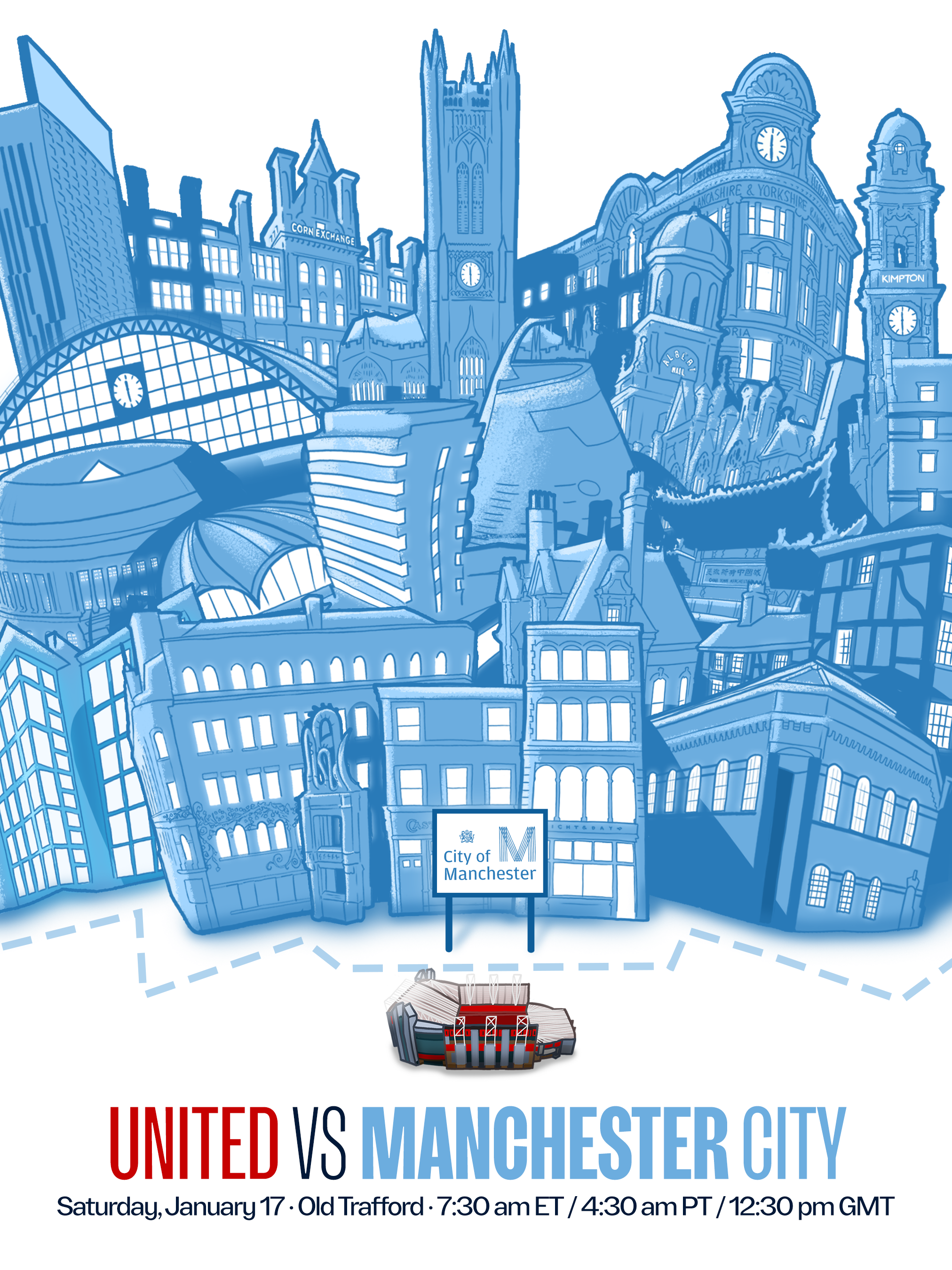 Manchester derby match day illustration for Manchester City FC