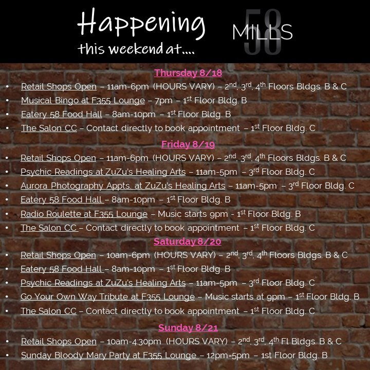 Another fun-filled 4 days on tap here at #mills58! 😎

Check out this weekend's lineup! 📆

#mills58 #peabodyma #peabody #peabodylocal #localevents #shopsmall #localbusiness #livemusic #smallbiz #northshore #northshorema #pizzashop #coffeeshop #itali