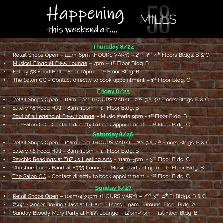 Keep the summer vibes going this weekend at #mills58! 

Check out this weekend's lineup! 📆

#mills58 #peabodyma #peabodylocal #massachusetts #northshorema #livemusic #localbiz #localbusiness #pizzashop #coffeeshop #italianrestaurant #musicalbingo #c