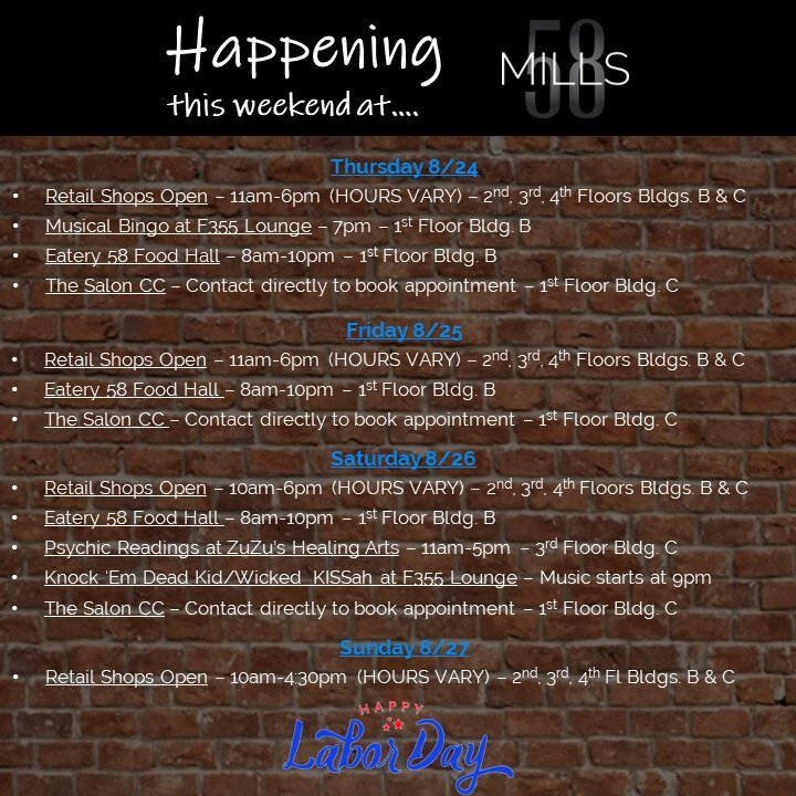 Celebrate the end of summer all #LDW long at #mills58! 🇺🇸

Check out this weekend's lineup! 📆

#mills58 #peabodyma #localevents #livemusic #pizzashop #coffeeshop #antiques #beautysalon #smallbiz #northshorema #September2023