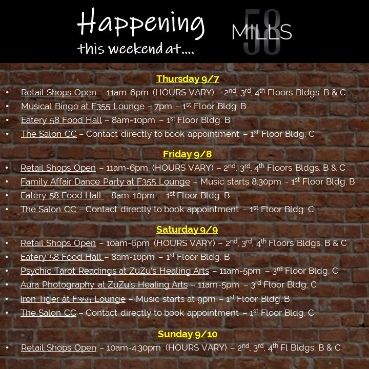Beat the late-summer heat this weekend at #mills58! 

Check out this weekend's lineup! 📆

#mills58 #peabodyma #peabodylocal #livemusic #localevents #shopping #localeats #northshorema #September2023