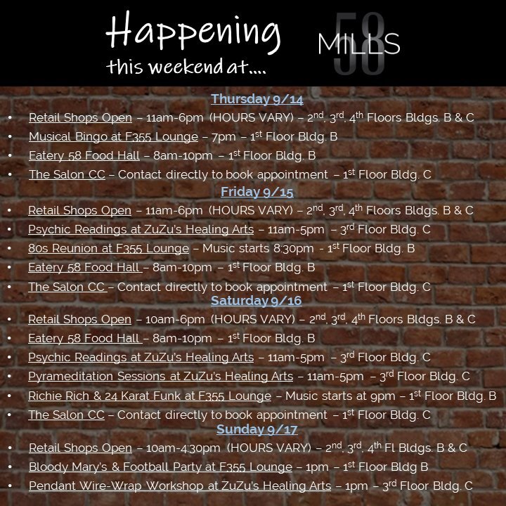 There's plenty of shopping, food and fun to enjoy this weekend at #mills58! 

Check out this weekend's lineup! 📆

#mills58 #peabodyma #peabodylocal #livemusic #localevents #September2023 #northshorema