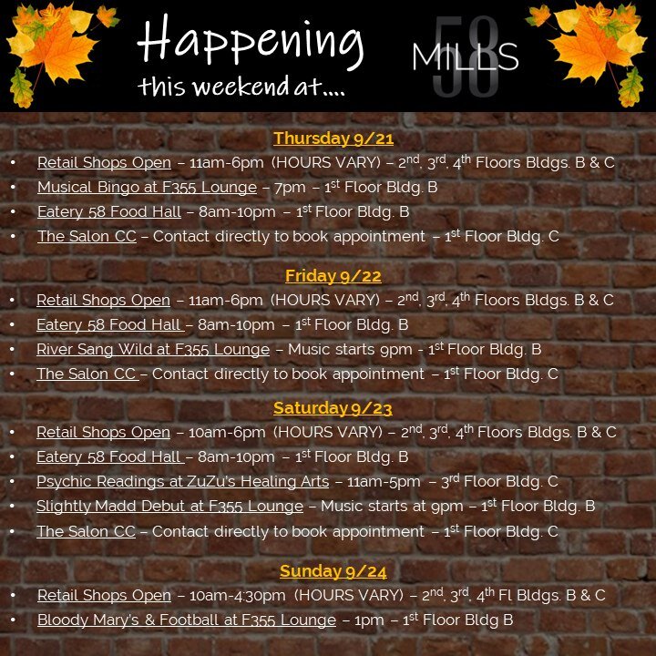 Welcome Fall this weekend here at #mills58! 🍁

Check out this weekend's lineup! 📆

#mills58 #peabodyma #northshorema #localevents #livemusic #localshopping #September2023