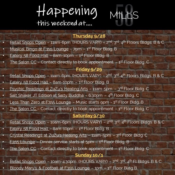 Whether you're looking for a bite, a drink, live music or 3 floors of shopping, we've got it here at #mills58! 

Check out this weekend's lineup! 📆

#mills58 #peabodyma #northshorema #localevents #livemusic #localshopping #September2023