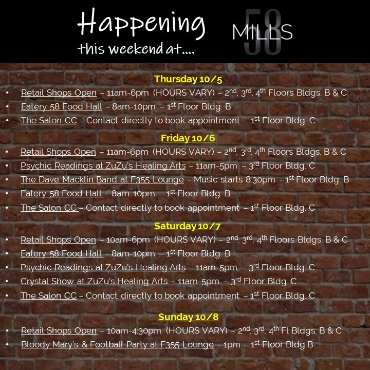 It's officially Spooky Season here at #mills58! 🦇🍂🎃

Check out this weekend's lineup! 📆

#mills58 #peabodyma #salemma #northshorema #localevents #livemusic #localshopping #October2023