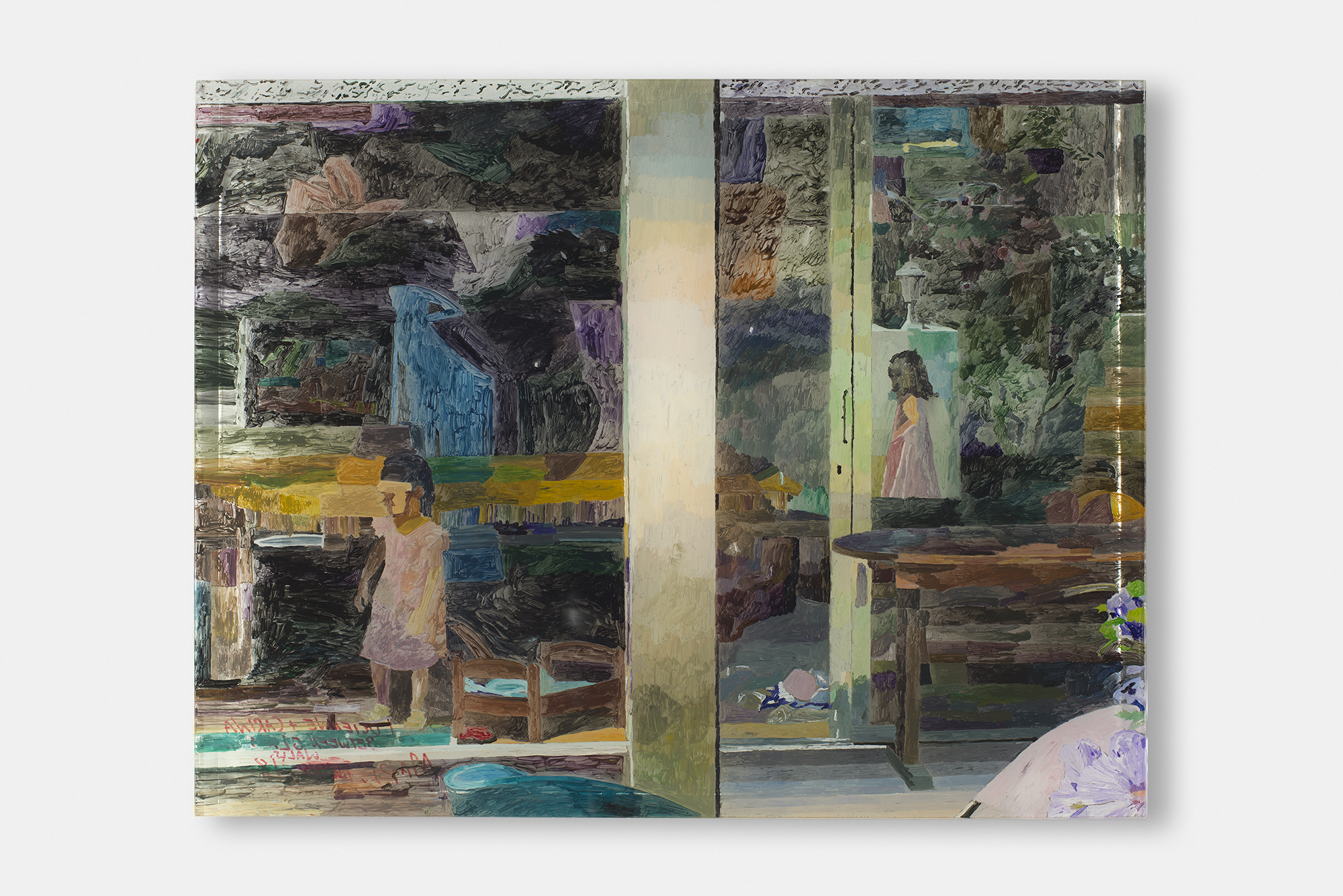 Lucienne and Carina Between Glass Walls , 2018, Acrylic on plexiglass with epoxy, 20 1/2" x 16"