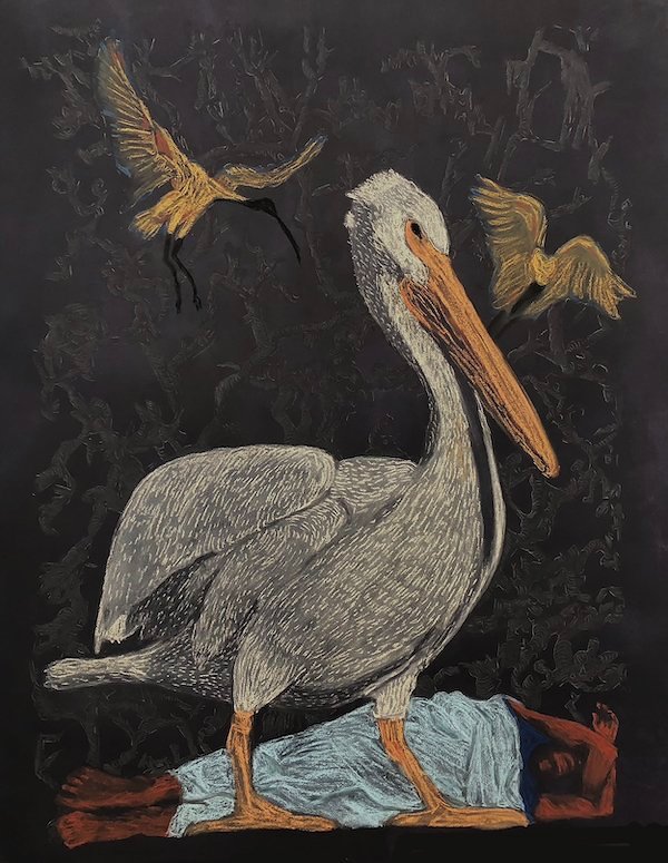 Leda & the Pelican, Acrylic Paint & Soft Pastel on Stonehenge Paper, 36" x 48" (2023)