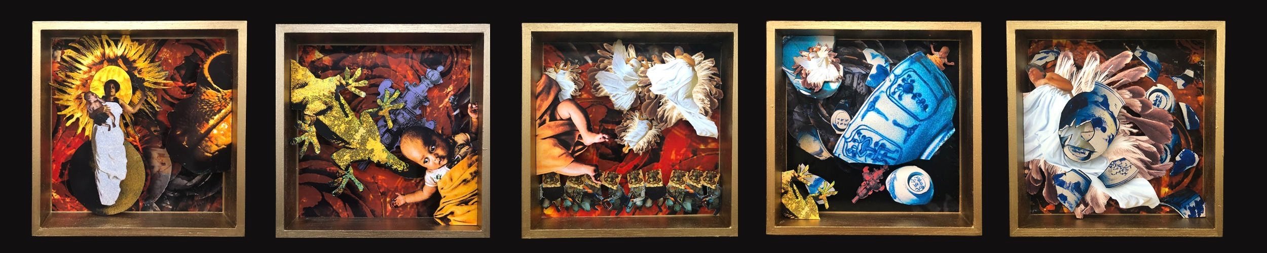 Seven Trumpets (Book of Revelations), Collage/Assemblage, 60" x 12" x 3" (2023)