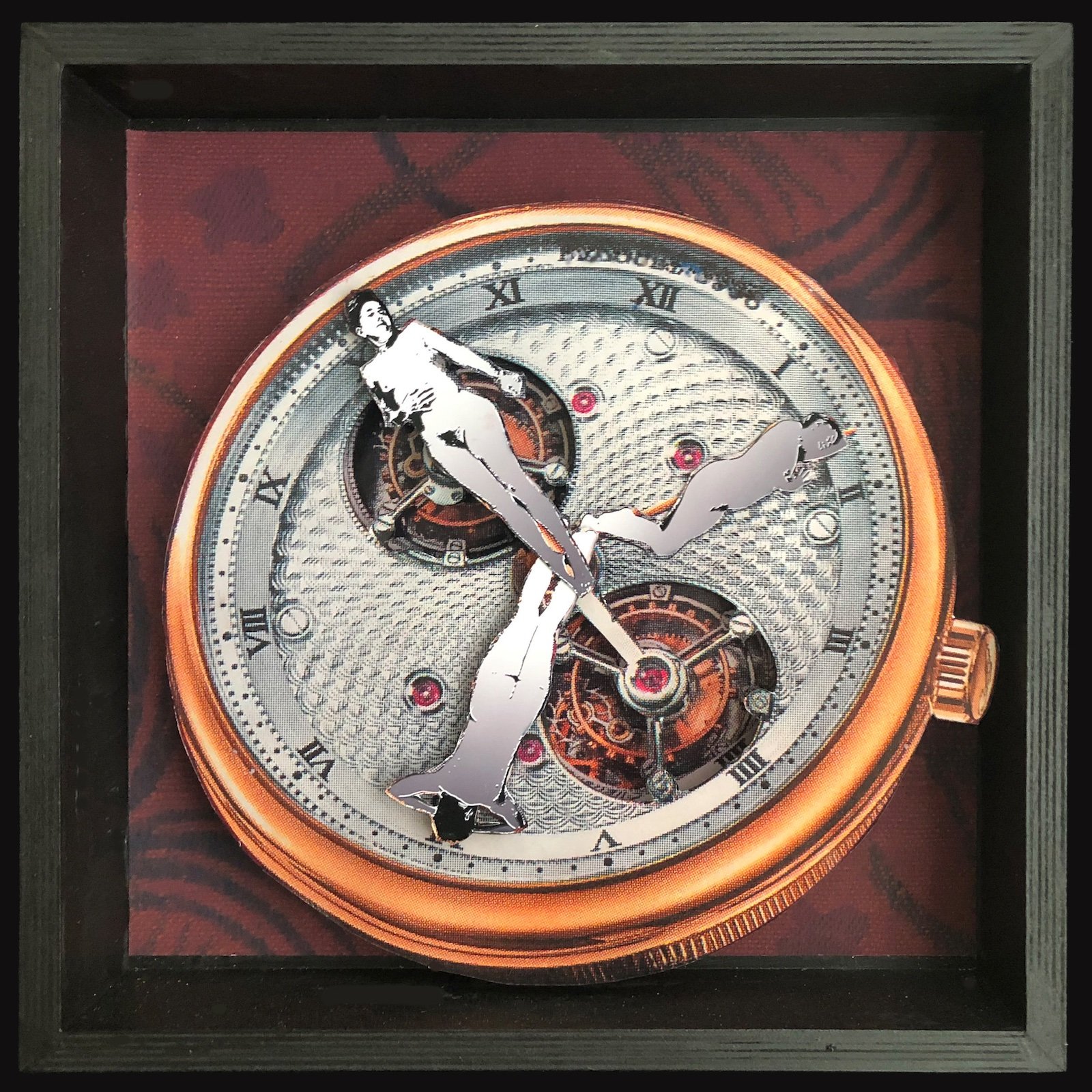 St. Catherine's Wheel (Time Management). Collage/Assemblage, 12" x 12" x 3" (2023)