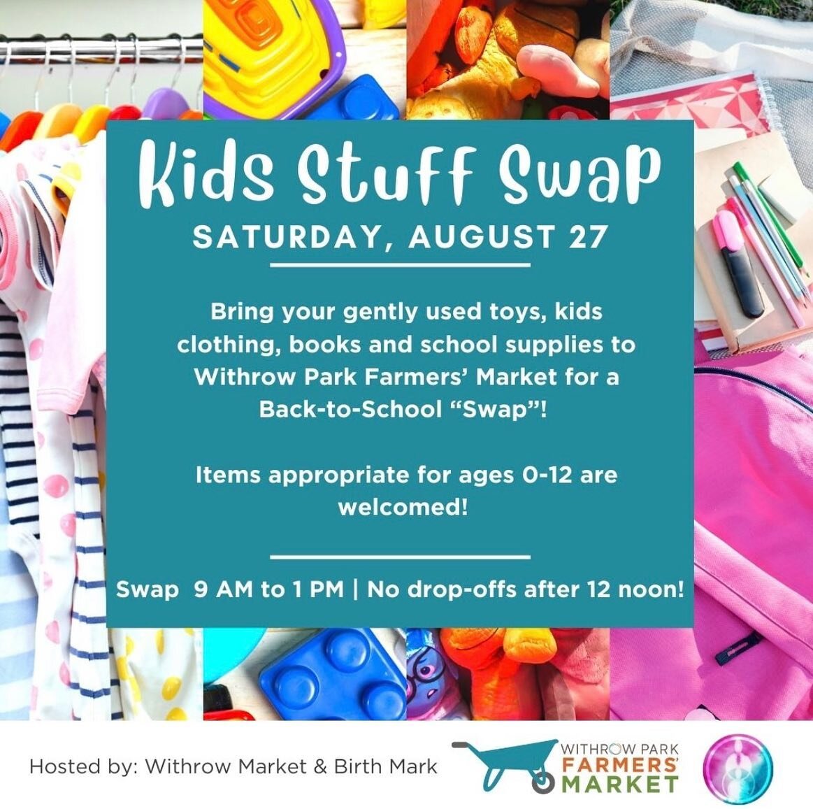 We're so excited to be partnering with @withrowmarket for their Kids &quot;Stuff&quot; Swap at the end of the month! &thinsp;
&thinsp;
Bring your gently used toys, kids clothing, books and school supplies to Withrow Park Farmers&rsquo; Market on Augu