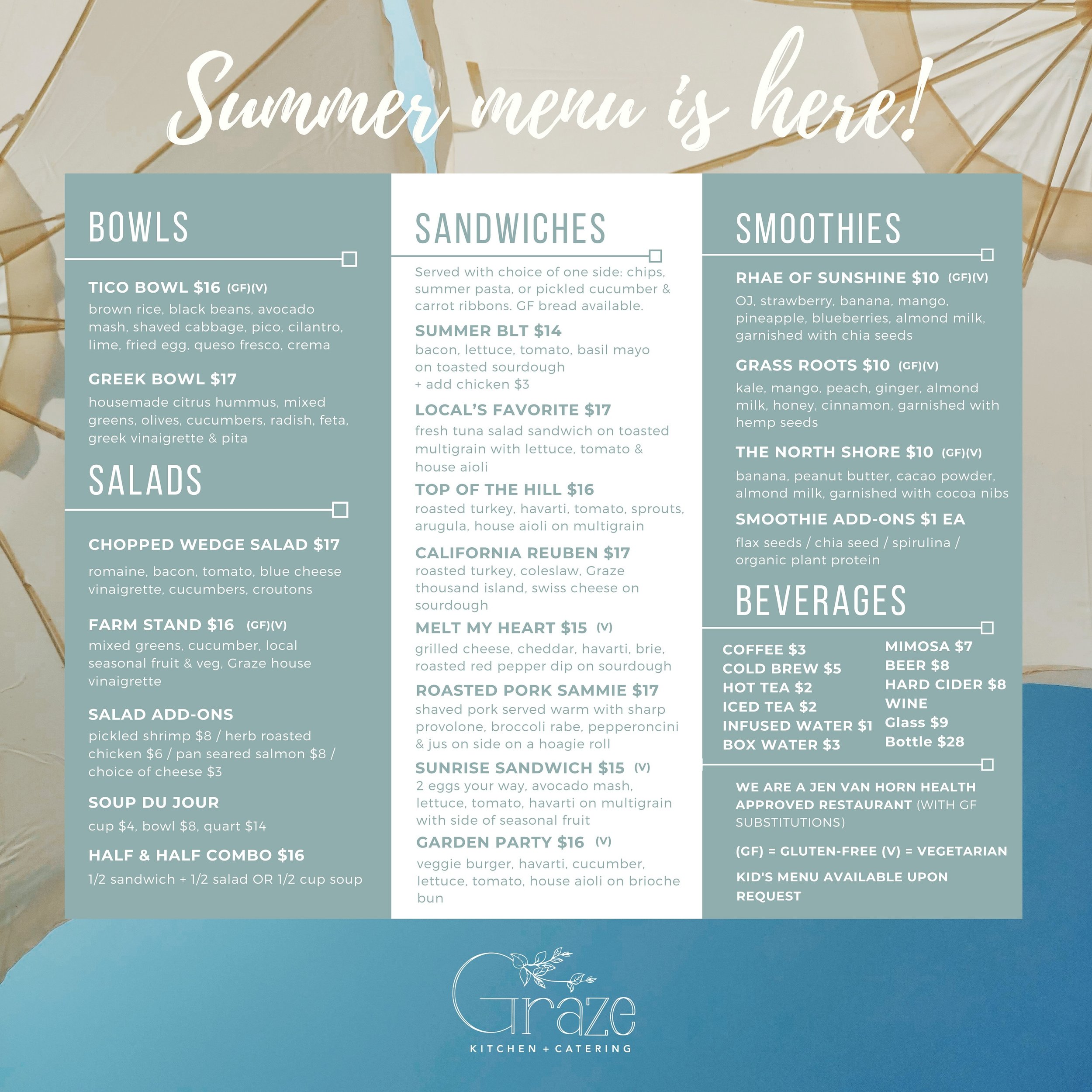 If you were looking for a reason to come by today, this is it. Our SUMMER MENU is here! ☀️🌻

Open 11-3pm today. Tag a friend you want to bring to lunch! 

#dontforgettosaygraze #grazekitchenvb #757eats #757foodie