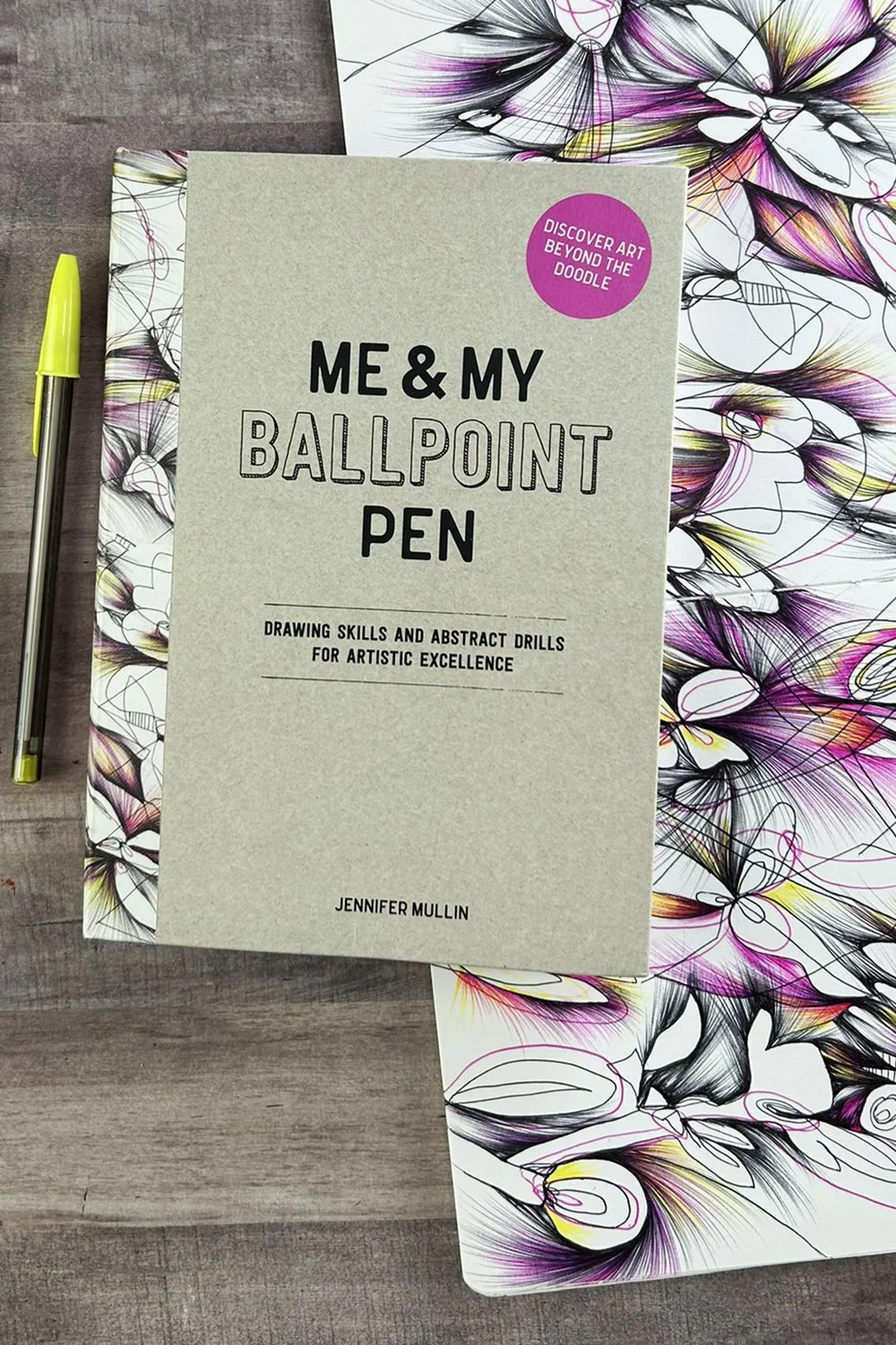 Book cover of "Me & My Ballpoint Pen" with a bright yellow ballpoint pen and an abstract drawing in a sketchbook.