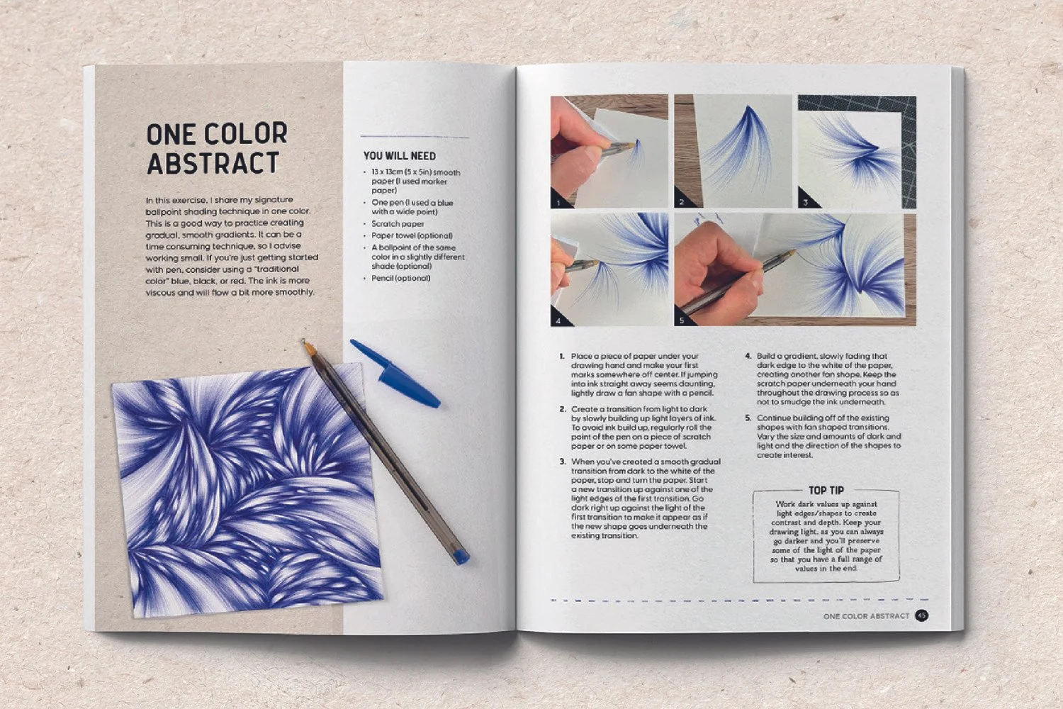 A book open to the One Color Abstract project from the book Me & My Ballpoint Pent