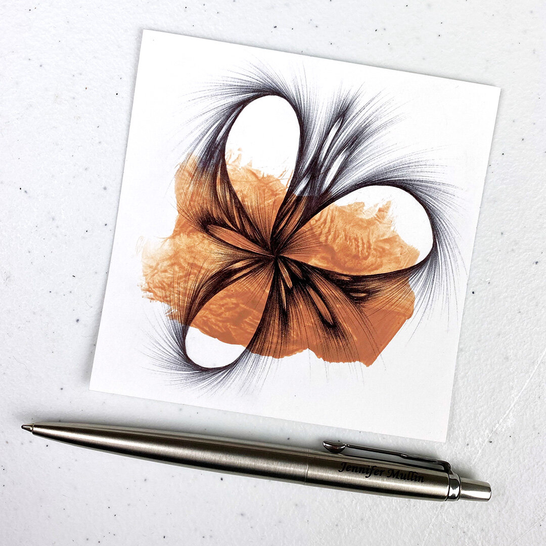 Abstract ballpoint pen drawing on a peach acrylic ink ground.