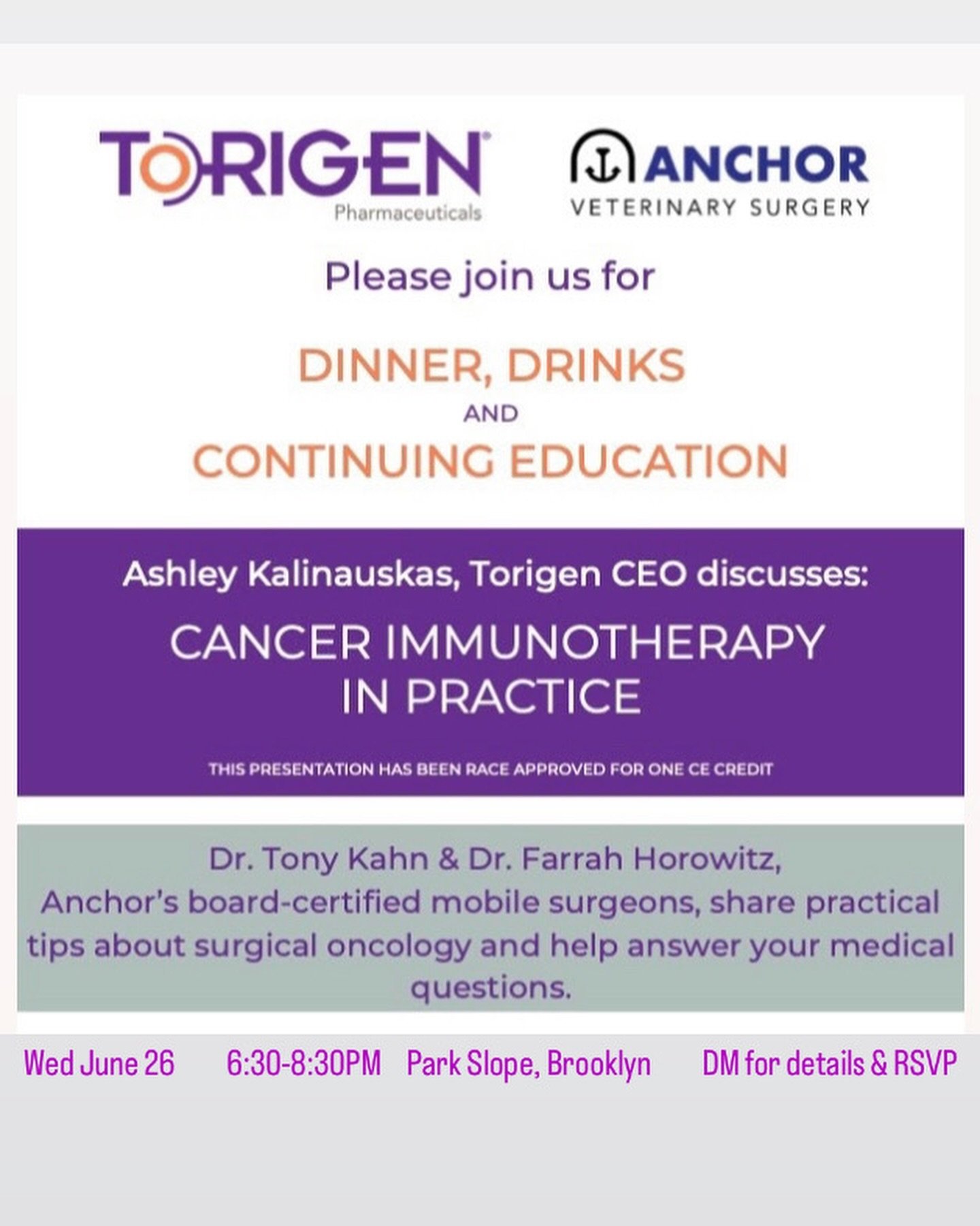 ✨NYC primary care veterinarians &amp; technicians✨

We&rsquo;re hosting a *FREE* Anchor Community event with @torigenpets on Wed 6/26! Help us make cancer treatment more accessible in NYC! 

⚓️ Learn how to treat cancer patients at your practice via 