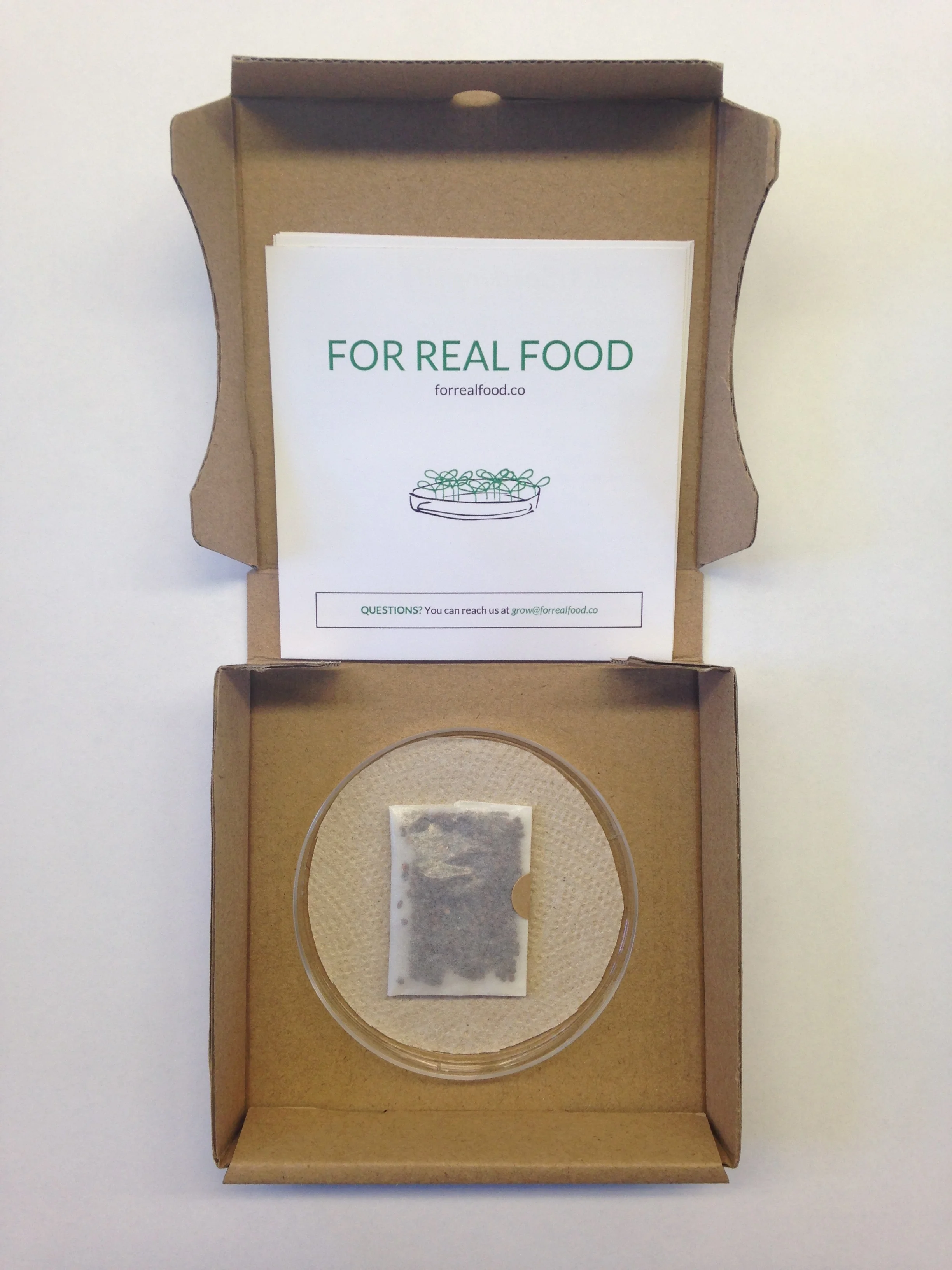  We developed a simple level 1 kit which contained broccoli seeds, a dish, and a paper towl to serve as soil. It also came with step by step instructions as well as information to help educate our users about the food system. 