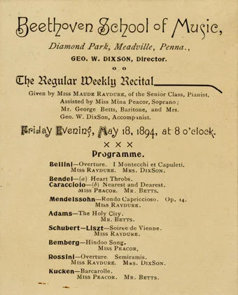 Recital program card, Beethoven School of Music, Meadville, Pennsylvania, May 18, 1894