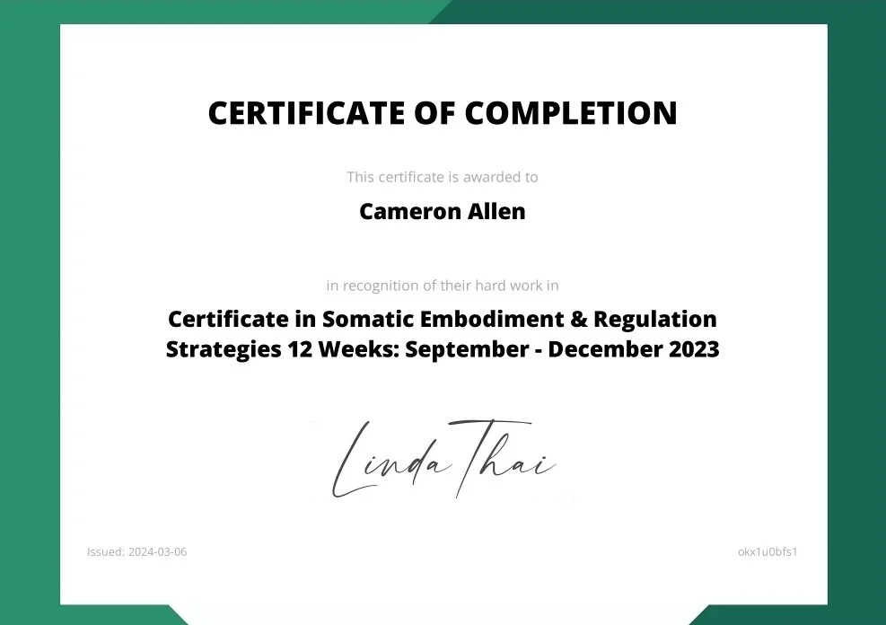 Certificate for Somatic Embodiement and regulation strategies, that was taken to update trauma informed astrology consulting practice