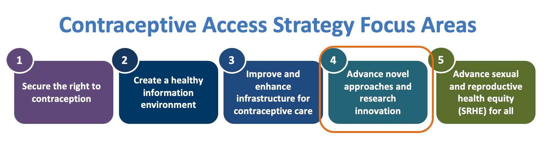 Strategy Focus Areas: 1. Secure the right to contraception. 2. Create a healthy environment. 3. Improve and enhance infrastructure. 4. Advance novel approaches and research innovation. 5. Advance sexual and reproductive health equity for all